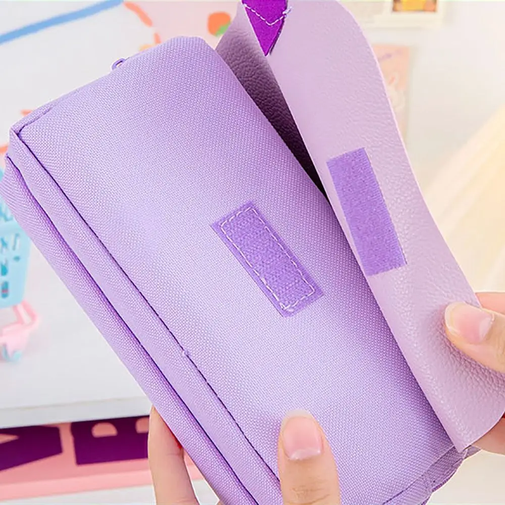 Cartoon Canvas Stationery Storage Bag 3-Layer Multi-function Pen Bag Large-capacity Portable Pen Pouch