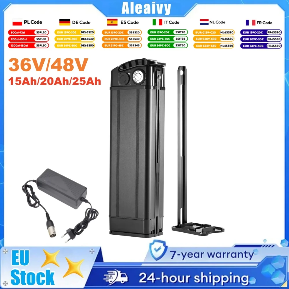 Hochwertige 36V 48V E-Bike Lithium-Batterie 15Ah 20Ah 25Ah Silver Fish Akku für 1000W 800W 750W 500W 350W 250W Fahrradmotor mit Ladegerät und BMS