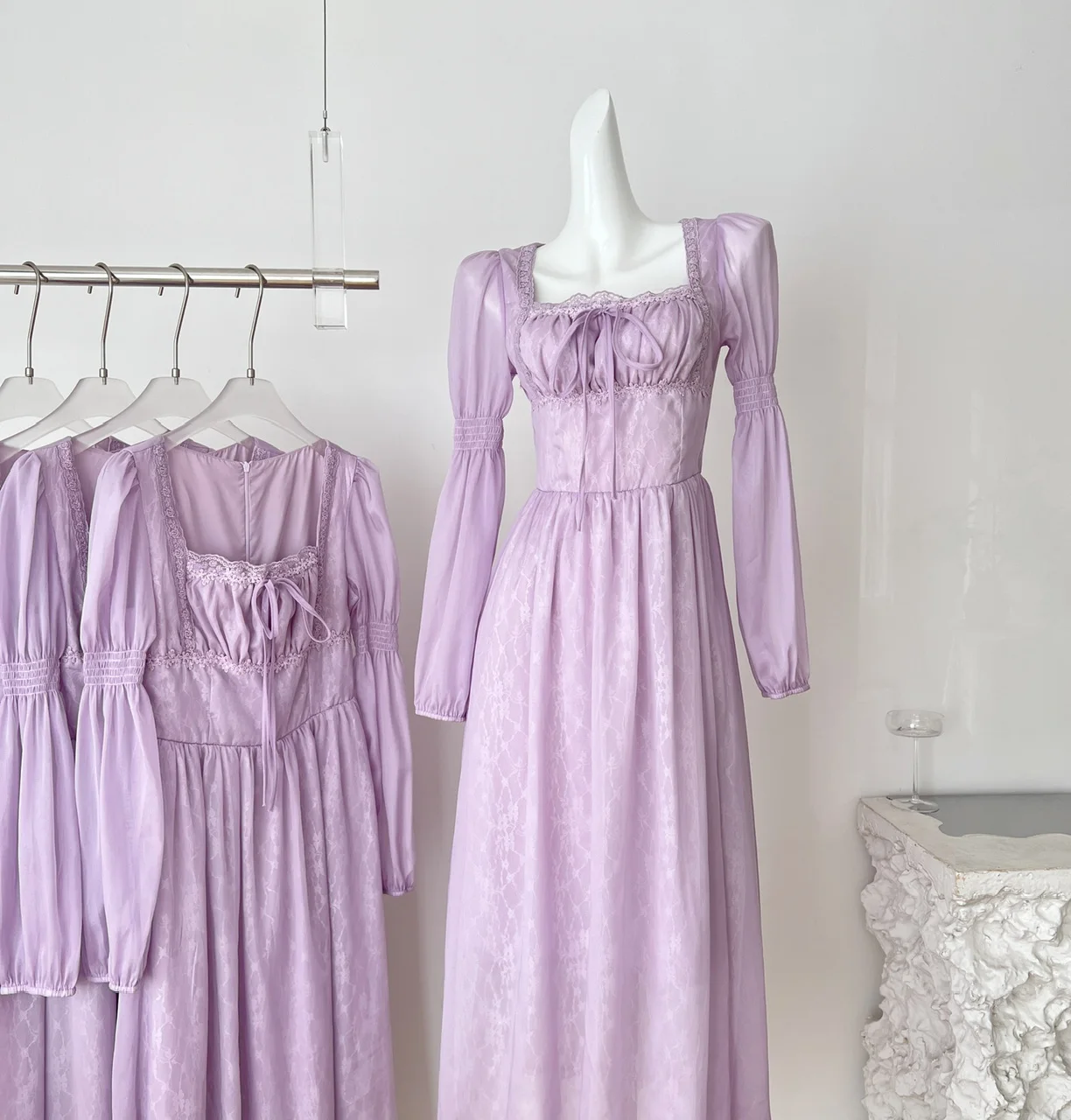 Chic vintage square neck long sleeve lace slim Elegant Fairy korean fashion Boho Sundress women clothing Long dress