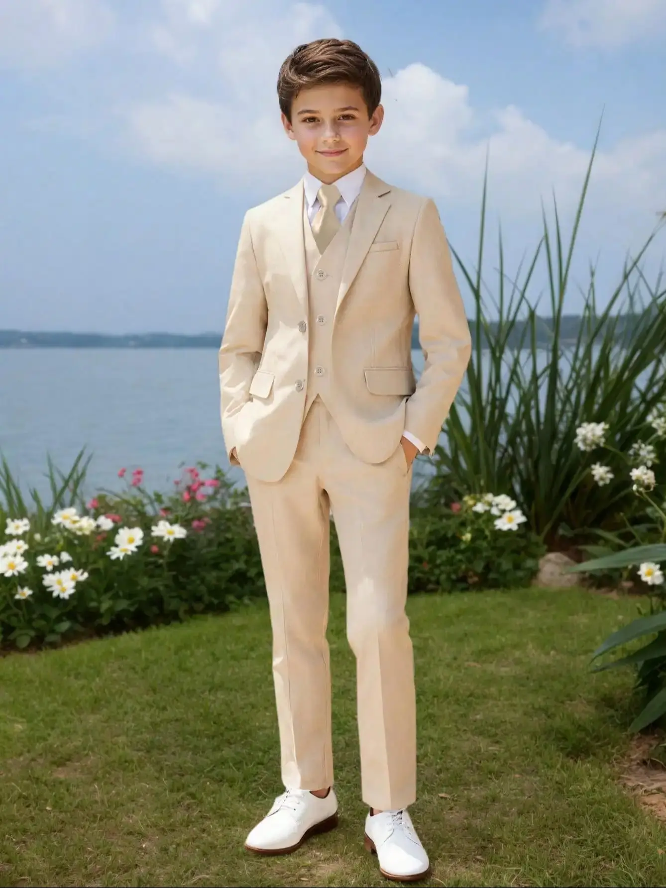 Jungenanzug, 5-teilig, Jacke, Weste, Hose, Hemd, Krawatte, zufällige Farbe, für Hochzeit, Geburtstag, Party, Geschenk, Auftrittsuniform, Schuluniformen, Größe 4–16 Jahre – Detail 1