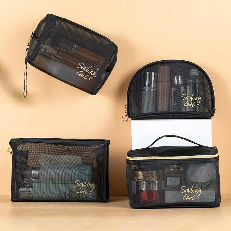 Sac cosmétique en maille avec fermeture éclair, sacs de maquillage, sacs de rangement de voyage, sacs de toilette, poudres de maquillage, noir, bureau