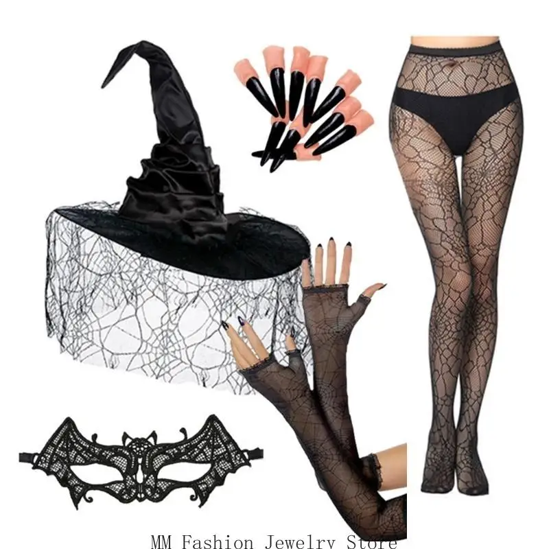 D0UB Guanti con maschera in pizzo Maniche per braccio Cosplay per adulti Vestito da strega per eventi Halloween