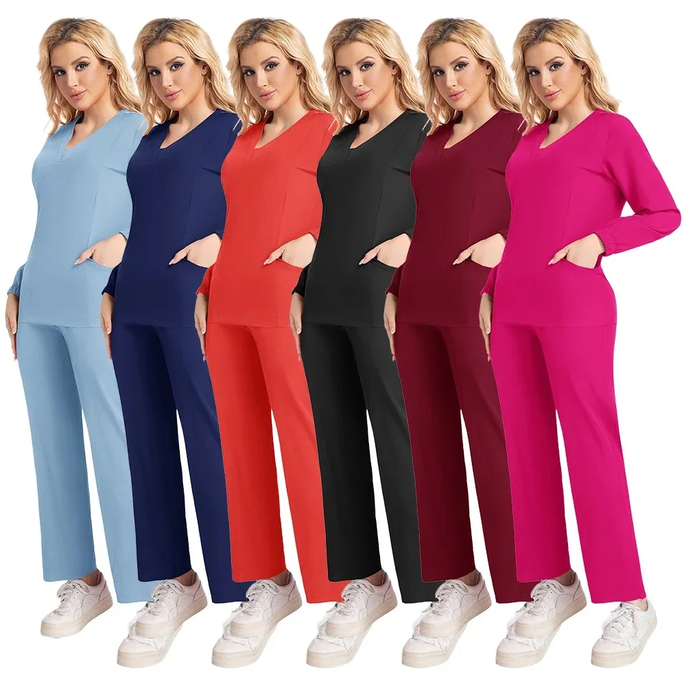 زي طبي جراحي للمستشفى بأكمام طويلة للنساء معاطف للأطباء والممرضات، مجموعة فرك لعيادة الأسنان، ملابس عمل لصالونات التجميل