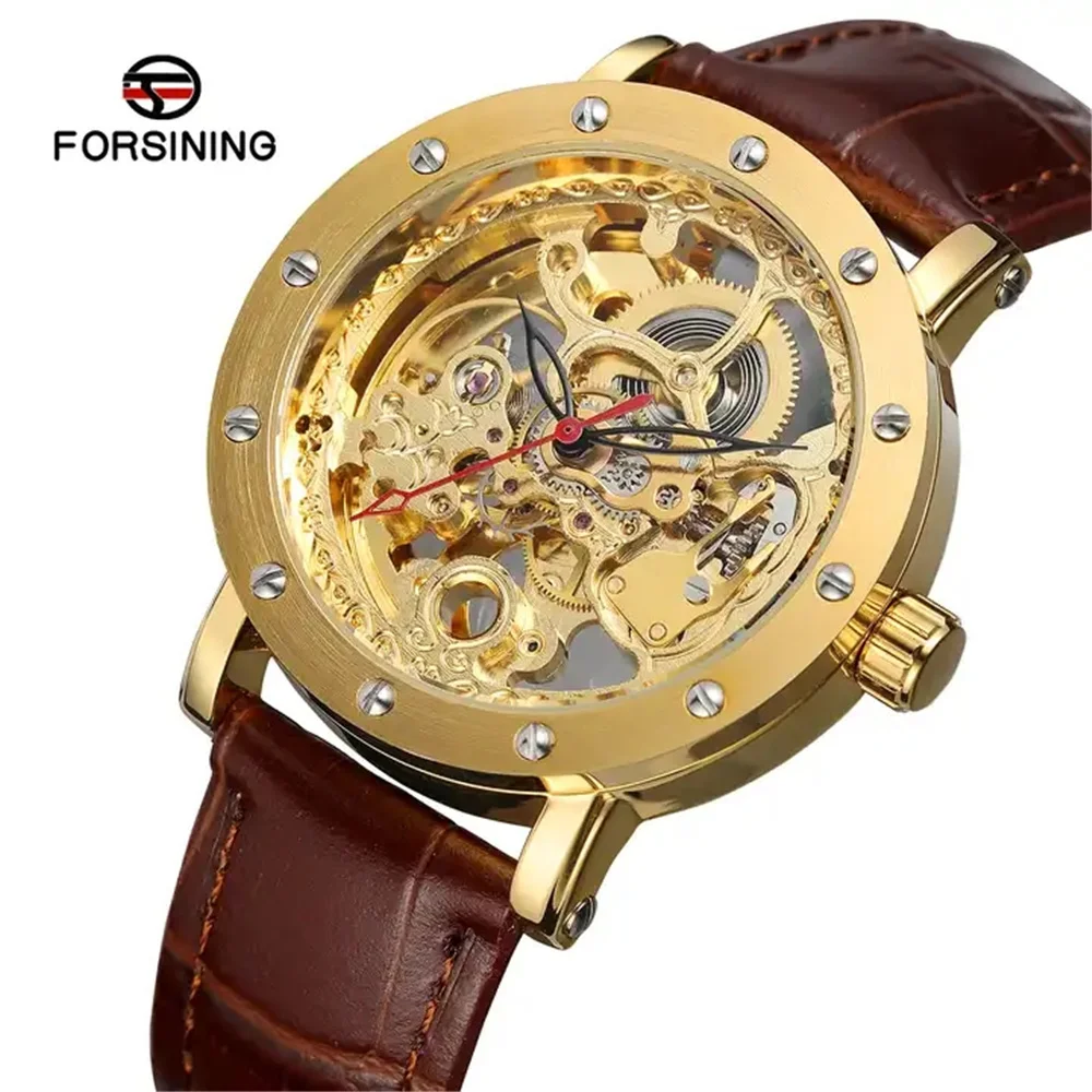 Forsining 205L Luxury Men\'s Automatic Factory Business Mechanical Watch Leather Skeleton Hollow Clock Waterproof Discount