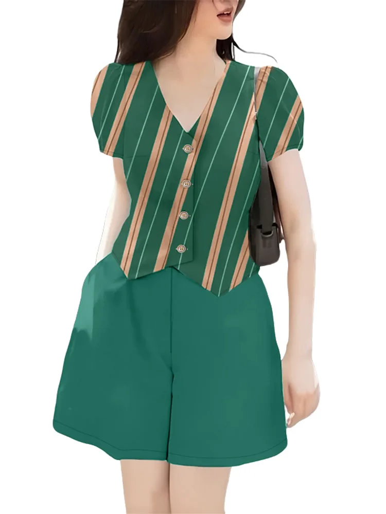 ZANZEA Womens Contrast-Stripe 2 ชิ้นชุดพัฟแขนสั้น V คอเสื้อ Elastic เอวกางเกงขาสั้น 2 ชิ้นชุดแฟชั่นชุดสั้น