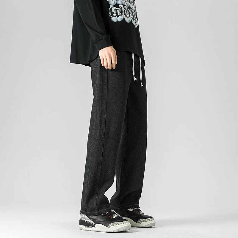 Black Wide Leg Jeans Men Baggy Versatile Casual Drawstring Straight Denim Pants with Loose and Comfortable Fit for All Occasions