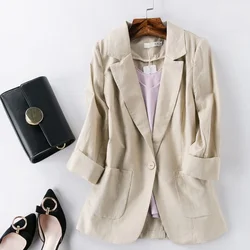 Blazer cranté à bouton unique pour femme, veste en coton et lin, olympiques monochromes, haut à manches trois quarts, vêtements d'extérieur d'été, haute qualité