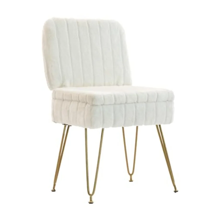 

Vanity Chair with Storage, Comfy Ottoman with Folding Back, Faux Fur Vanity Stool with 4 Metal Legs for Make Up, Furry Padded S