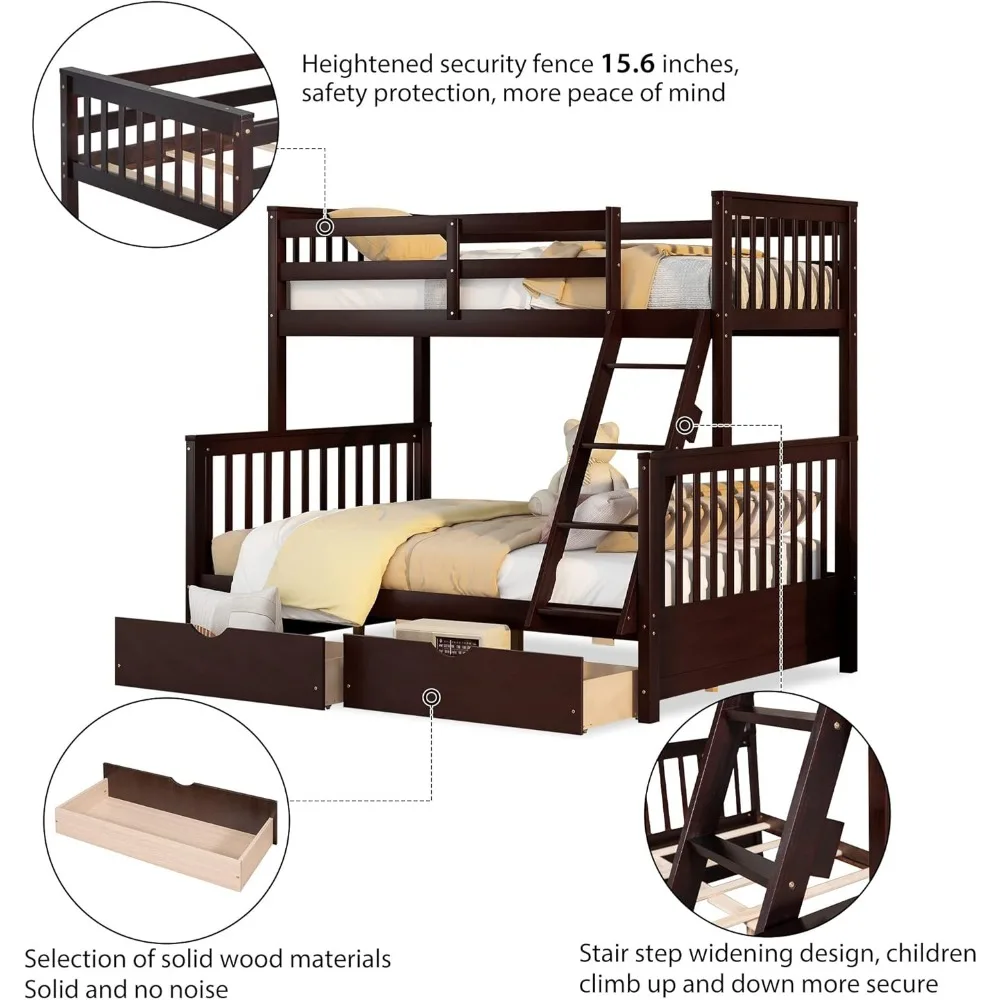 Wood Bunk Bed, with Two Drawers, WithLadders and Two Storage Drawers,with Ladders,Convertible Wood Bunk Bed