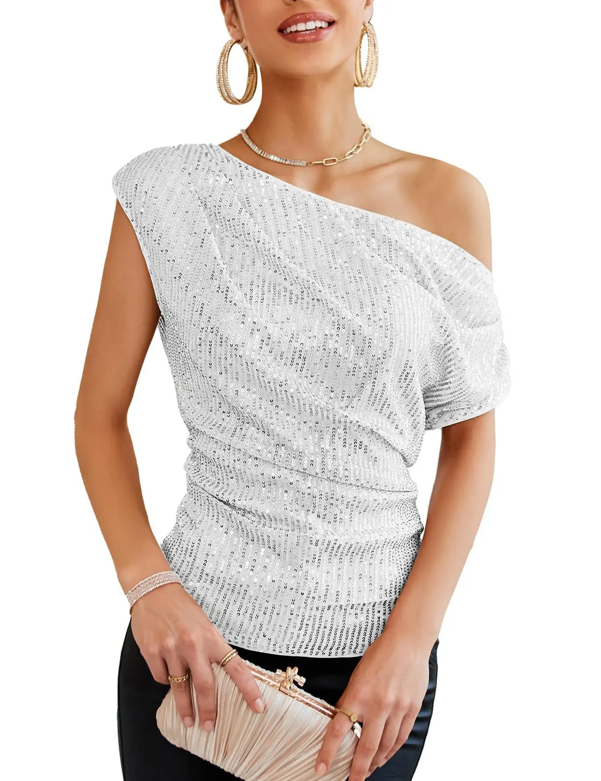 European and American One Shoulder Pleated Top, Short Sleeved Top, Sequin, New, Spring, Summer, 2022