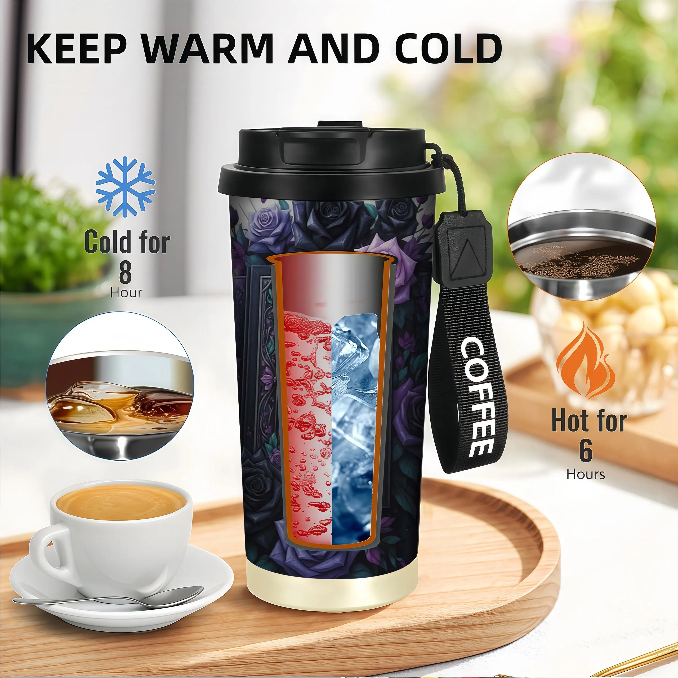 1 18 oz stainless steel cup with leak-proof cover and handle-Gothic rose and book design reusable coffee cup hot and cold drinks