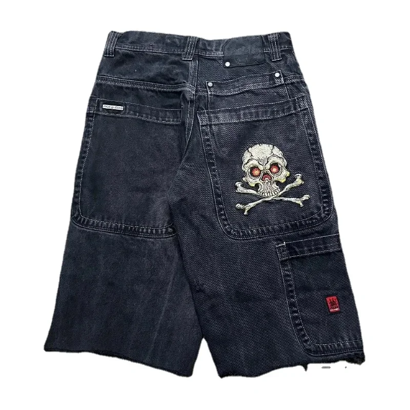 Pantalones cortos de mezclilla holgados con bordado de Calavera, pantalones de pierna ancha, estilo retro, gótico, hip-hop, hip-hop, americano, Y2K,