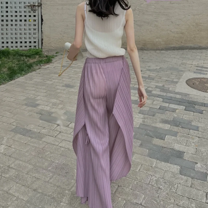 

2022 Summer New Women's Cropped Wide Leg Pants Miyak folds Fashion Loose Large Size High Waist Drape Elegant All-match Trousers