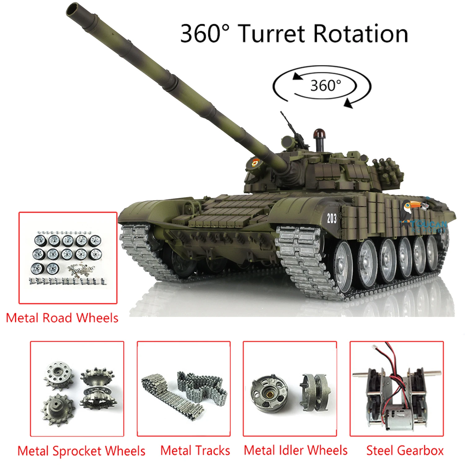 Henglong T72 RC Battle Tank 1/16 RTR 7.0 Mainboard 3939 Armor Metal Tracks Wheel Wireless Battle Tank for Boys TH20574-SMT1