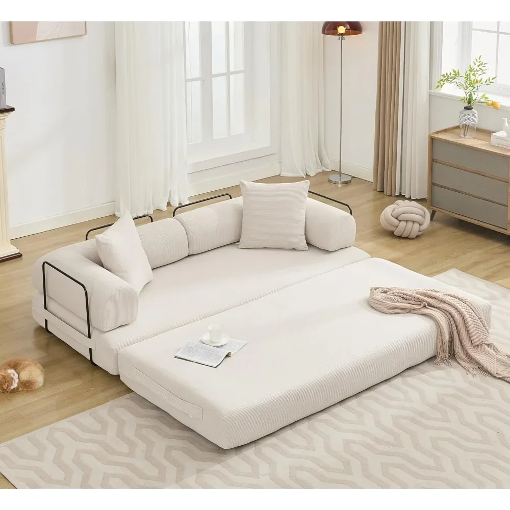 Sofá cama convertible con almohada cilíndrica, colchón plegable de pana con estructura fija, sofá de suelo