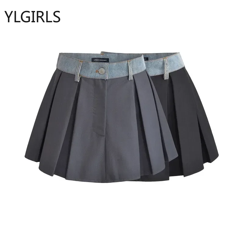 American Retro Contrast Color Denim Patchwork A-line Skirt Women 2024 Autumn New High Waist All Match Casual Pleated Mini Skirt