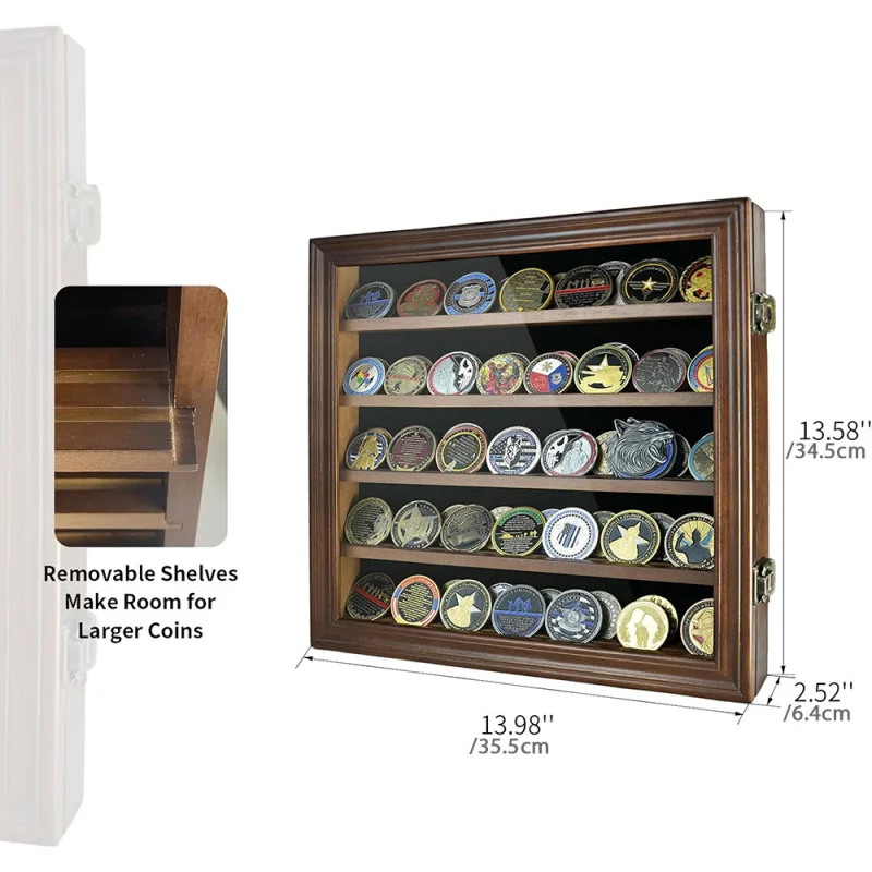 Custom.1pc, wall-mounted wooden challenge coin display cabinet - glass door, 5-rows storage collectible challenge c