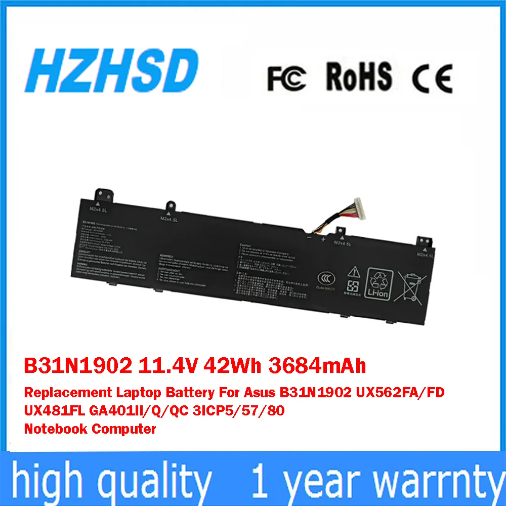 

B31N1902 11,4 В 42 Втч 3684 мАч Сменный аккумулятор для ноутбука Asus B31N1902 UX562FA/FD UX481FL GA401II/Q/QC 3ICP5/57/80