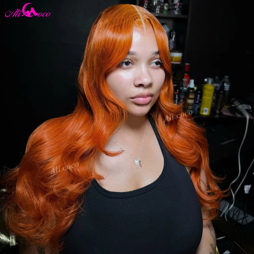 13x6 Drawstring Glueless Wigs for Women Shiny Ginger Orange Colored 200 Density Body Wave Lace Front Wigs Human Hair