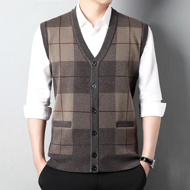 Men's Chicken Collar Knitted Vest Middle-aged Men's Casual Loose Sleeveless Knitted Cardigan Shirt