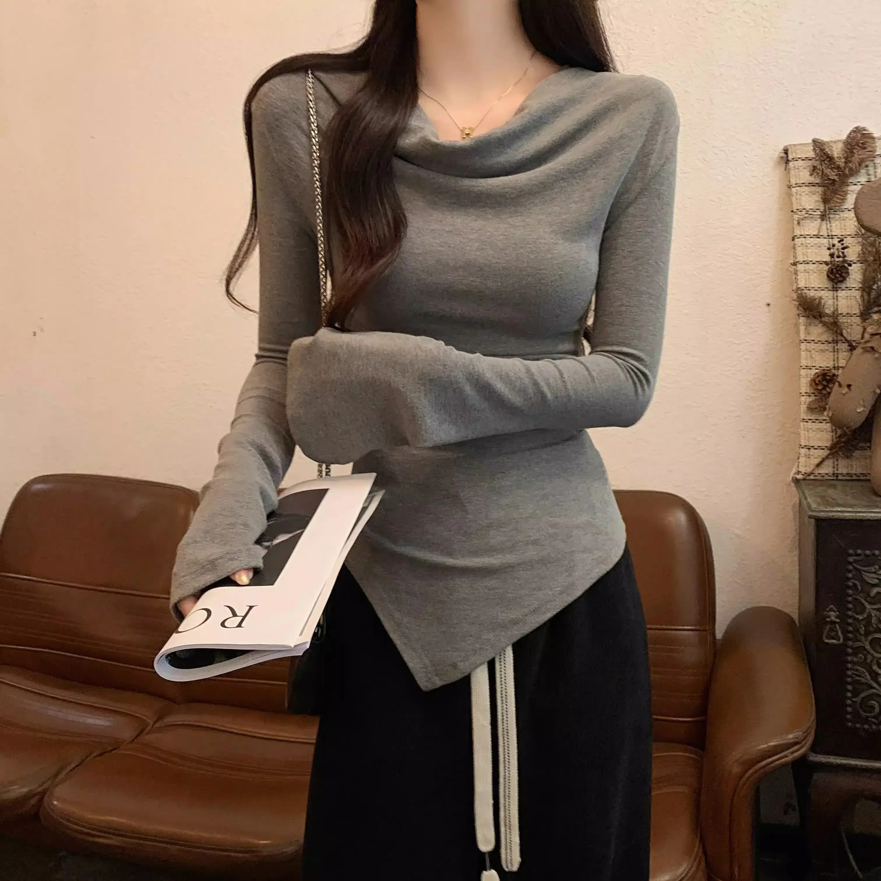 Fashion Irregular Women T-shirt spring autumn long Sleeve slash-Neck casual Solid Slim t shirt Ladies y2k Top Clothes Streetwear