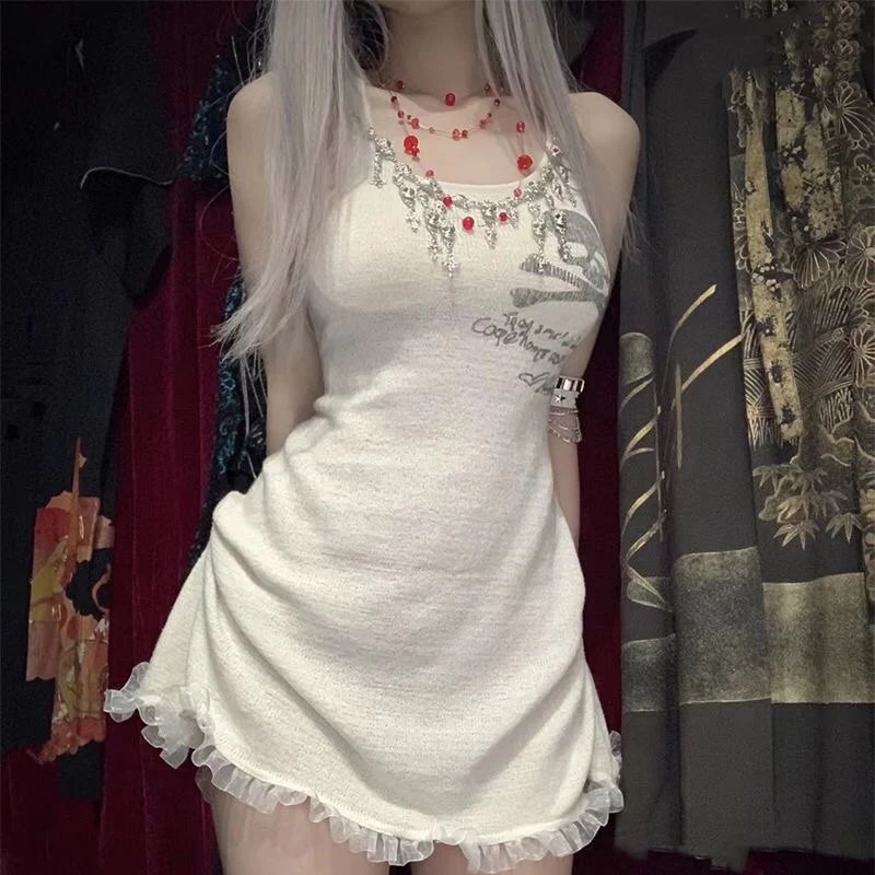 Dulce gótico Sle leche blanco Correa Dr esqueleto cabeza cintura ceñida novedad de verano llegada mujer Faion A-Line Dr