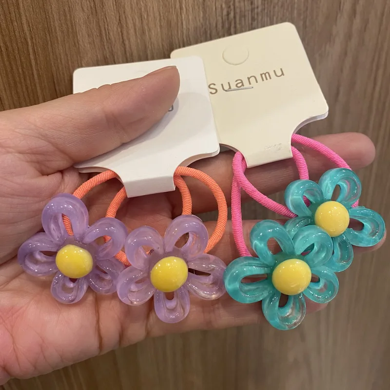 

2024 New Korean Style 2Pcs/Set Girls Cute Elastic Hair Bands Baby Transparent Flower Hair Ties Kids Lovely Hair Rubber Bands