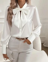 Women's Satin Solid Color Bow Tie Neck Long Sleeve Dressy Elegant Tie Neck Blouse Shirt Tops, Casual Office Work Blouse Tops - Image 2