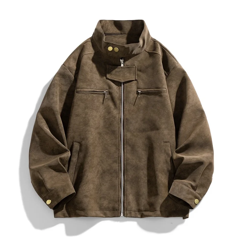 

Ретро-куртка из коричневой кожи, мужская летная куртка, бейсбольный комплект для пары, модный костюм с длинными рукавами на молнии.
