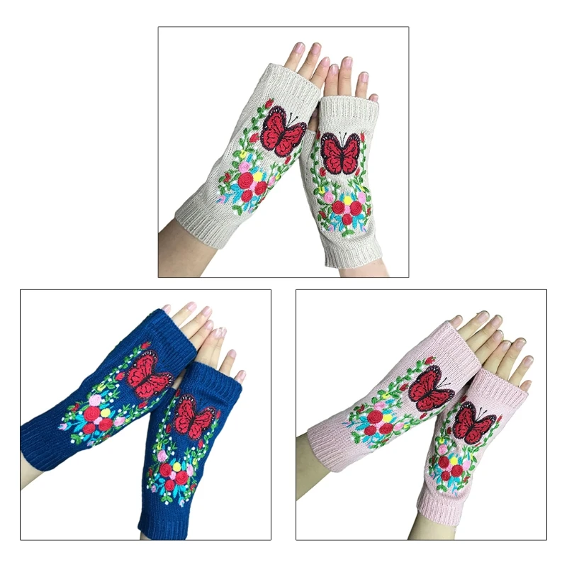 

for Butterfly Winter Flower Knitted Fingerless Knitted Thumb Hole Gloves Soft Dropship