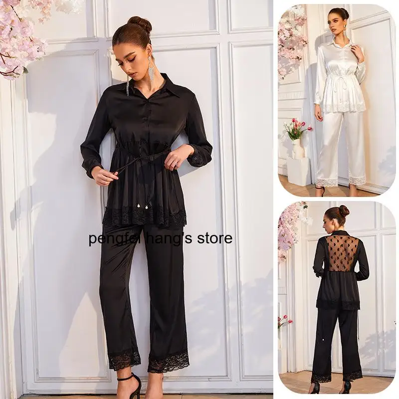 Women Lapel Pajama Set Drawstring Lace Splicing Loungewear Soft Loose Home Outfit Casual Comfortable Sleepwear