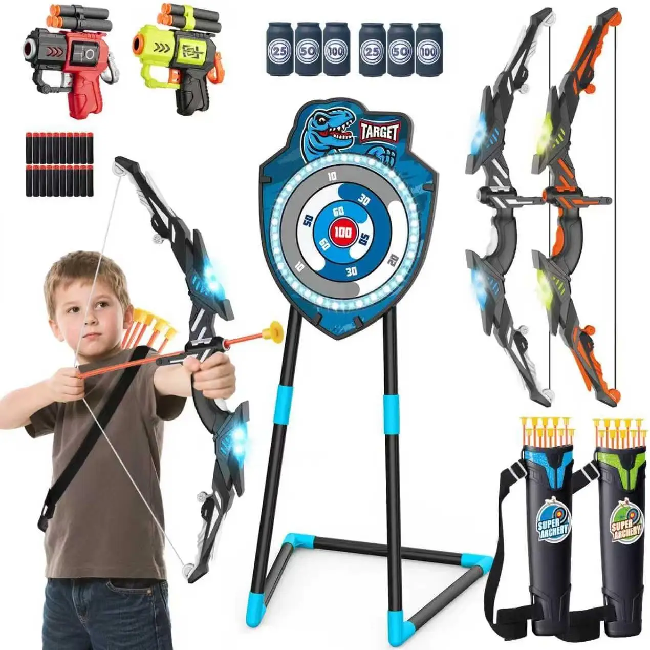 

2 Pack Kids LED Archery Set with Standing Target, 20 Suction Cup Arrows Bow and Arrow for Kids 3-12, Indoor Outdoor Sport Toy