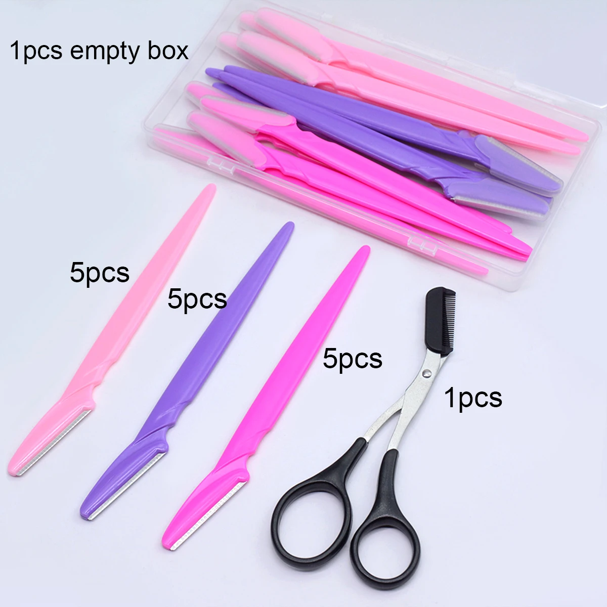 15Pcs Eyebrow Razors and 1Pcs of Eyebrow Comb Scissors In Clear Contianer Case Women Face And Body Trimmer Hair Shaver Eye Brow