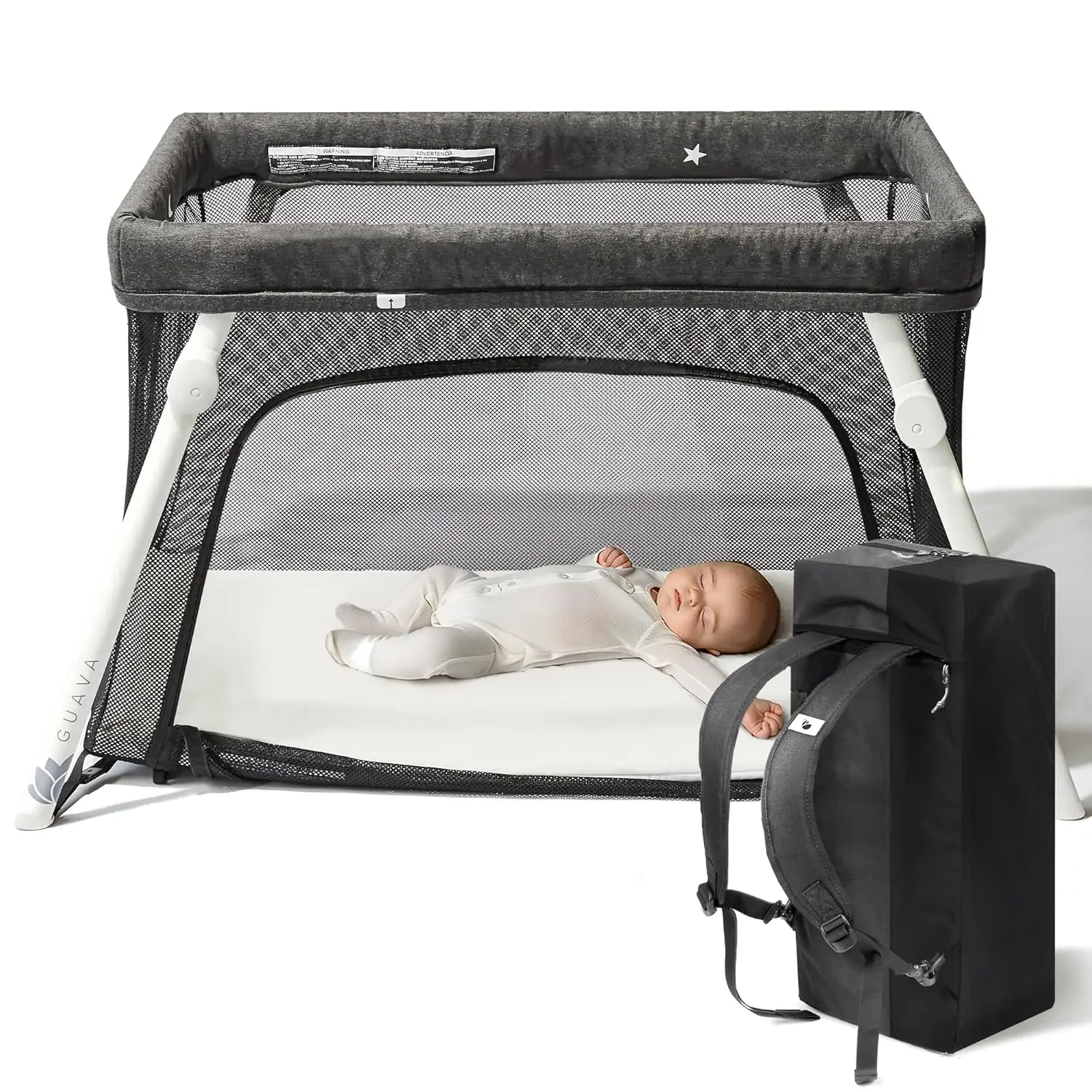 

Guava Family Travel Crib Includes Lightweight Backpack Design | Certified Baby Safe Portable Crib | Folding Play Yard, Comfy Mat