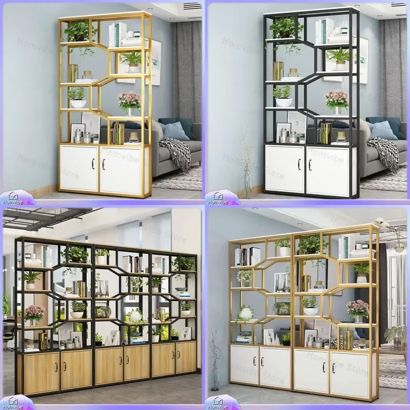 Wrought Iron Room Divider Screen Folding Partition Wall for Living Room Office Decorative Bookshelf Flower Stand Storage Rack