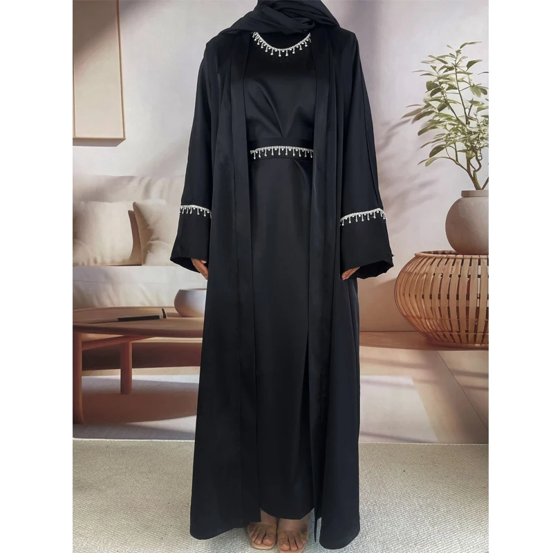 

6-piece Set Luxury Dubai Abaya Women Satin Dresses Arab Turkey Modest Robe Islam Muslim With Chain Belt Shawl Scarf Clothing