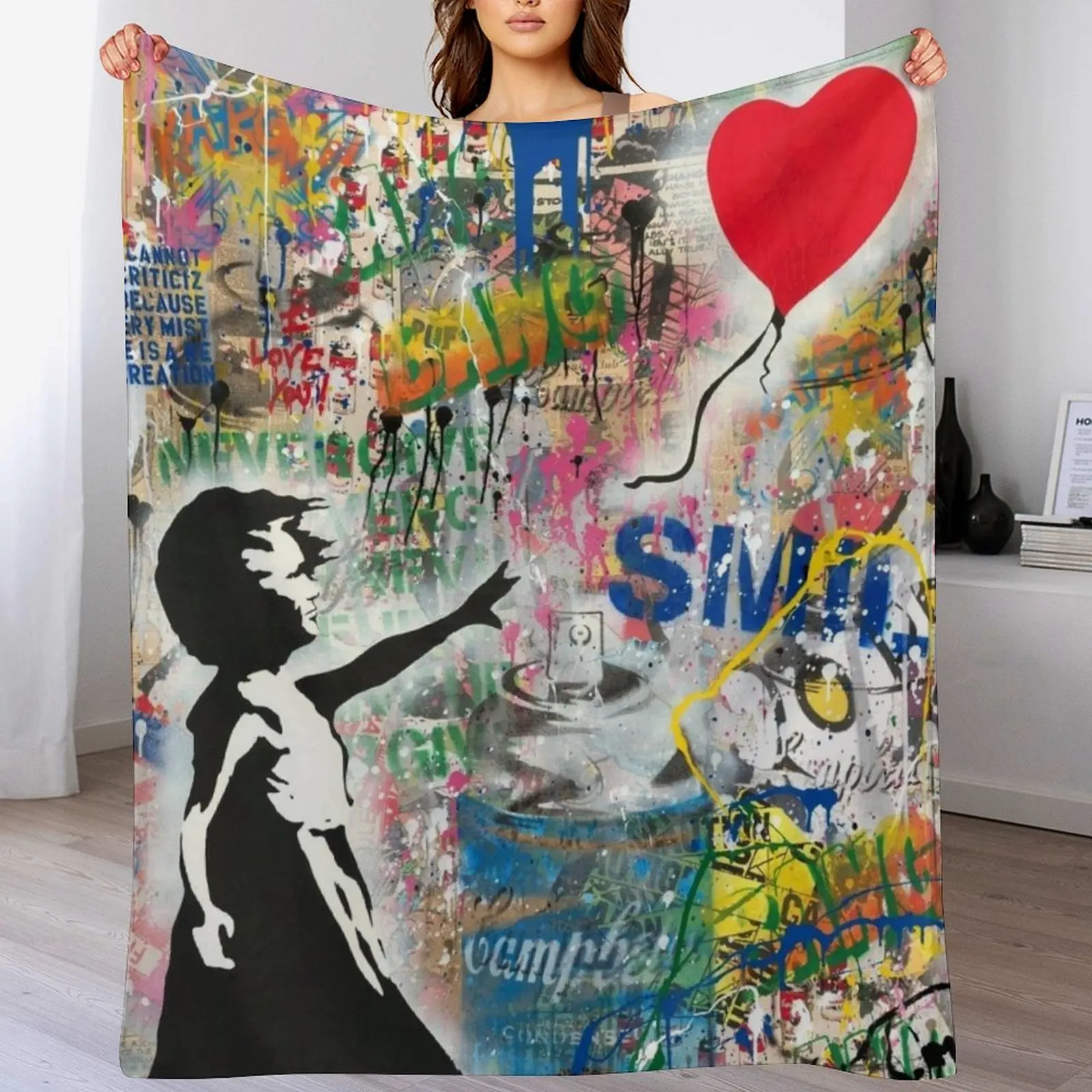 Balloon Girl Street Art Mashup Throw Blanket Warm Cozy Throw Blanket for Living Room Couch