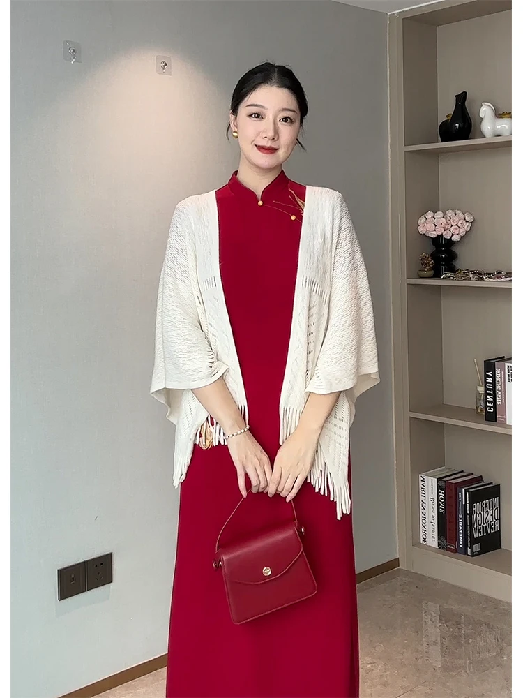 新しい中国風ニットショールタッセル付きレディースガウンヴィンテージ風ゆったりスタイル無地多用途ロング丈アウター