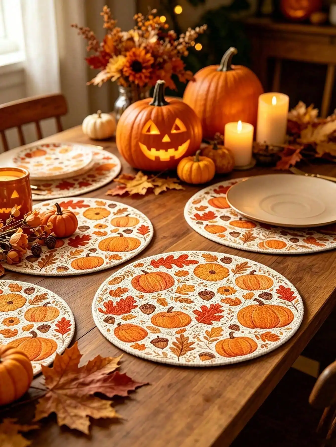 6pcs Autumn Harvest Round Placemats, Pumpkin Pattern Non-Slip Heat-Resistant Table Mats, Suitable For Restaurant, Home Kitchen Tabletop Decoration, Autumn Table Accessories, Family Gathering, Harvest Festival, Thanksgiving, Halloween Party Supplies