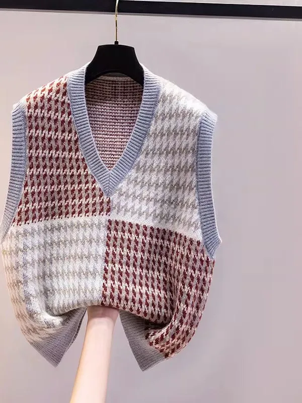 Retro Geometric Sweater Vest Spring Autumn Loose Outerwear V Neck Color Block Knitted Vest Women's Fashion Casual Outerwear