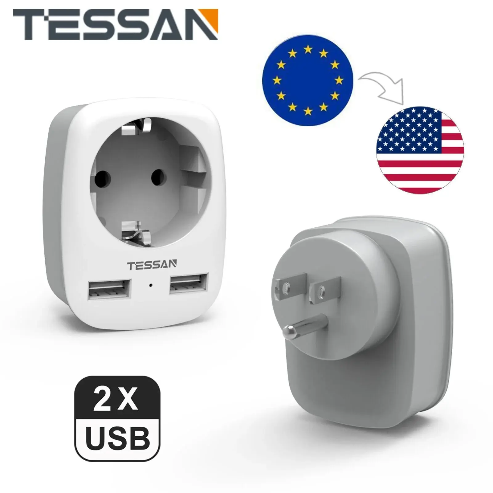 TESSAN Adapter podróżny USA Adapter Ameryka Europa Wtyczka z 2 gniazdami USB 2.4A Adapter podróżny Wtyczka zasilająca do Kanady Meksyku