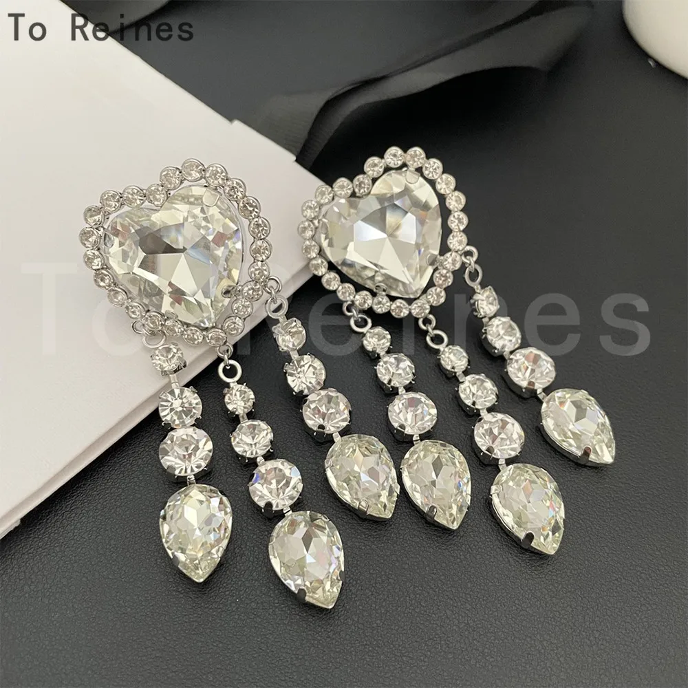 To Reines New Large Heart Shape Long Tassel Earrings Women Trend Crystal Wedding Party Accessories Sparkly Luxurious Ear Clip