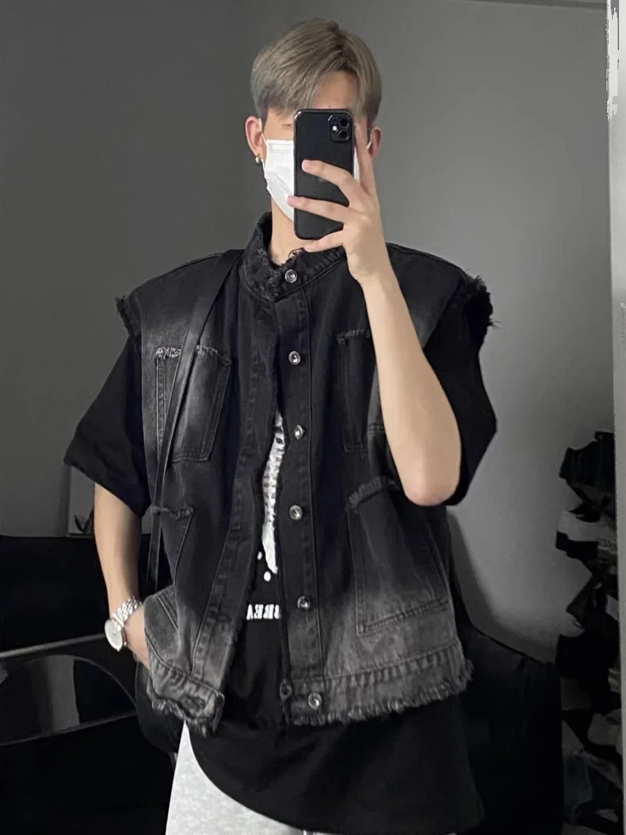 

Retro Waed Denim Vest Men's Svel Summer Faion Outerwear Trendy oulder Pad Design adient Color Youth Stan...