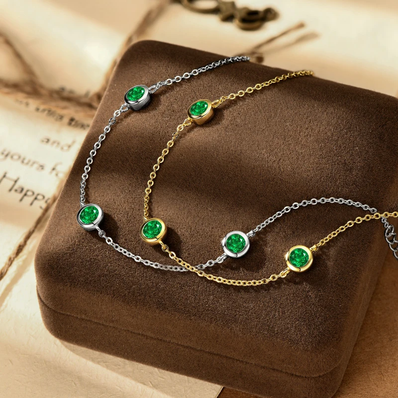 

3 Stone Round Emerald Luxury Bracelet 925 Sterling Silver Ladies Exquisite Chain Bracelets for Women Fashion Fine Jewelry Gift