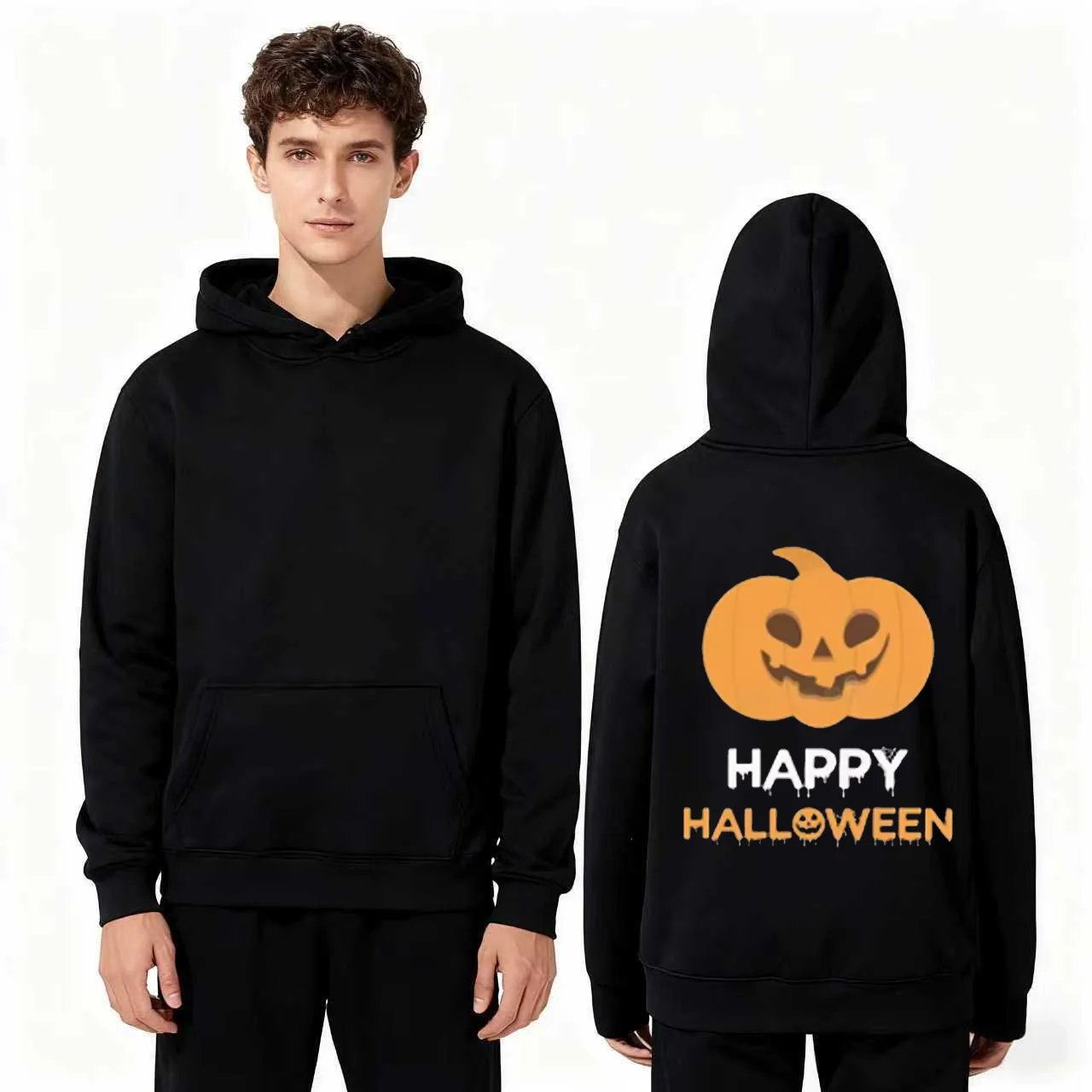 

2025 New Trendy 330g Heavyweight Hoodie Happy Halloween Pumpkin Print Comfortable Unisex Casual Pullover Front Back Design