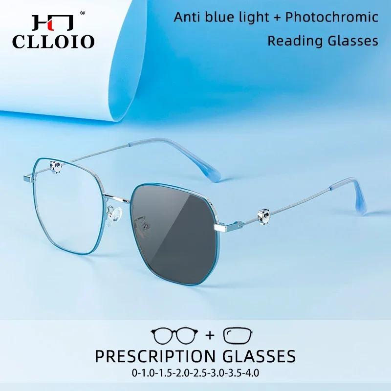 

CLLOIO Fashion Blue Light Blocking Reading Glasses Women Polygon Myopia Eyeglass Photochromic Prescription Optical Glasses