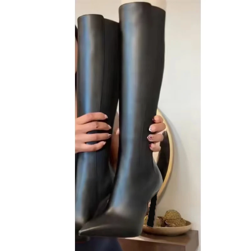 Schwarze spitze Zehen-Stiletto-Kniehohe Stiefel für Damen, Winter 2026, Reißverschluss hinten, High Heels, elastische Seite, lange Stiefel, modische Party-Stiefel