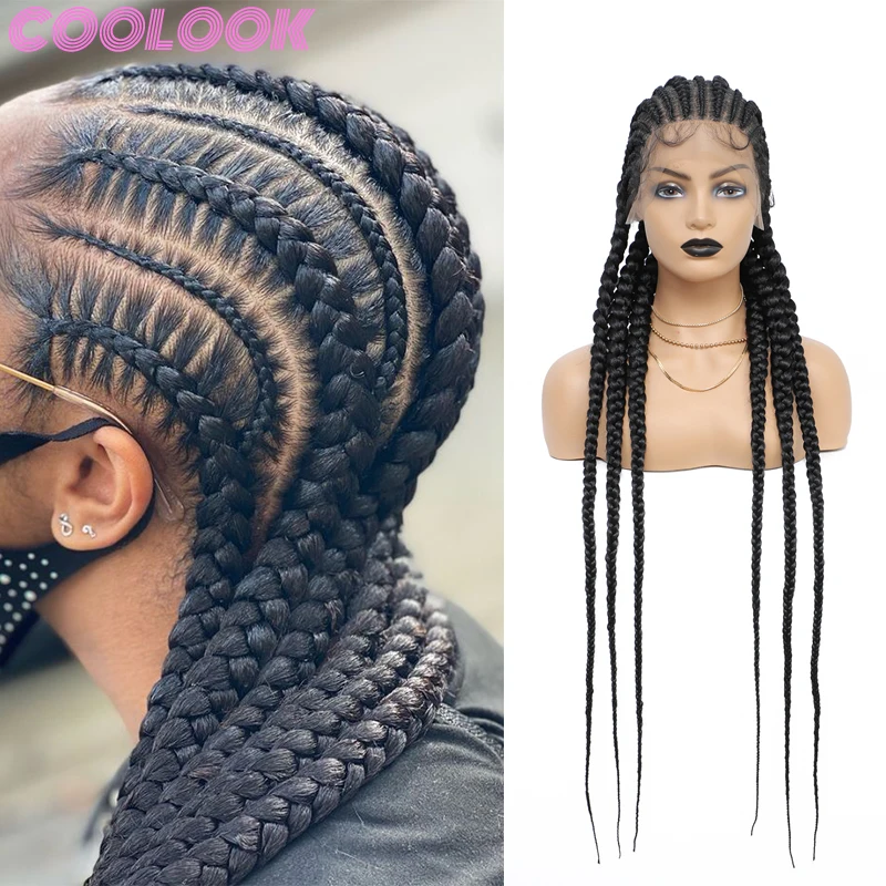 360 Full Lace Box Braided Wigs for Black Women Cornrow Braided Synthetic Wig with Baby Hair 36 Inch Long Braid Lace Frontal Wigs