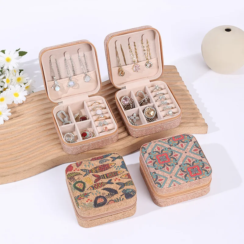 

3pcs Retro Printed Portable Travel Jewelry Box, Ring, Necklace, Earring and Accessory Box, Zipper Bag and Earring Storage Box