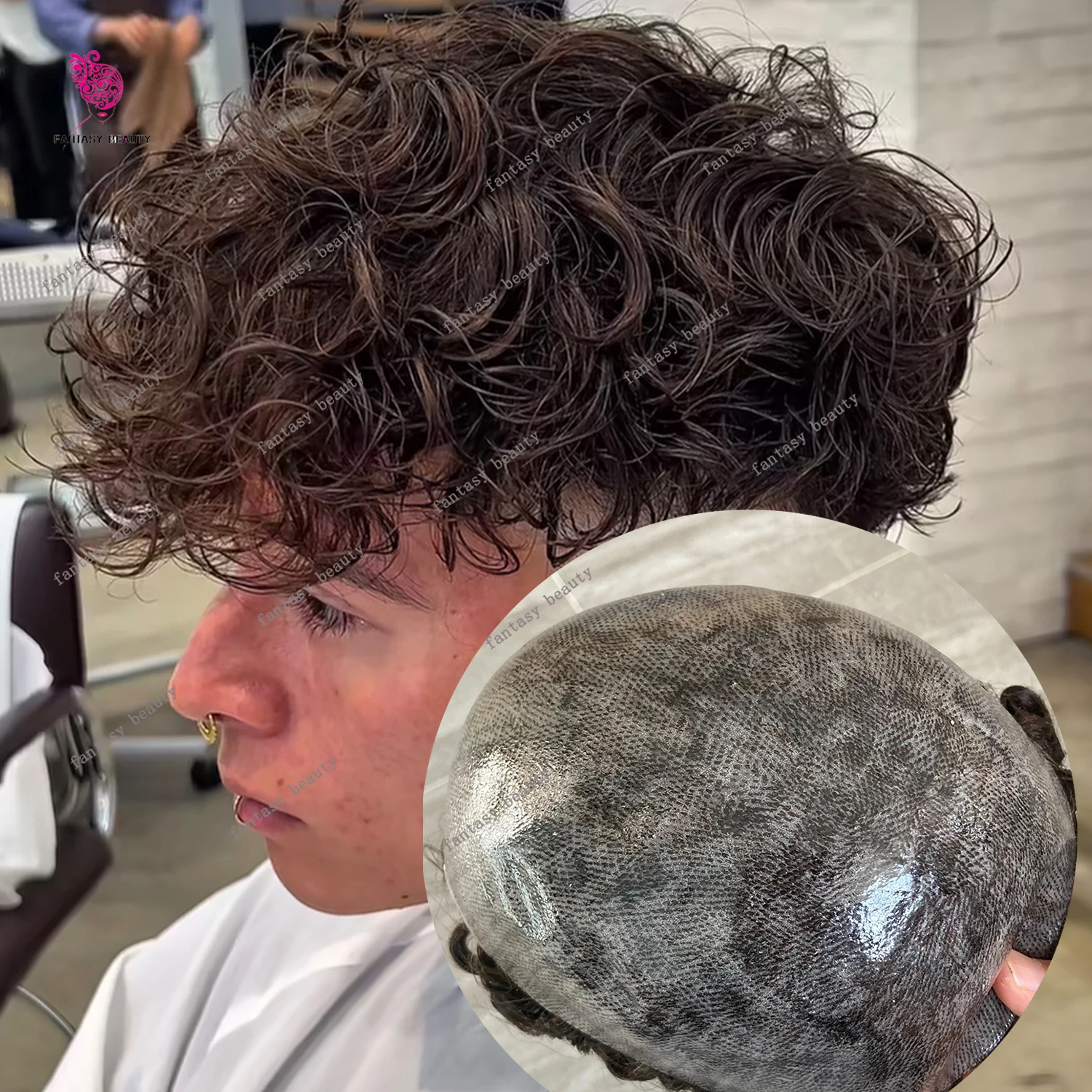 

25mm Nautral Curly Dark Brown Human Hair Toupee for Men's Toupee Replacement System Durable Poly Skin Male Hair Prosthesi Patch